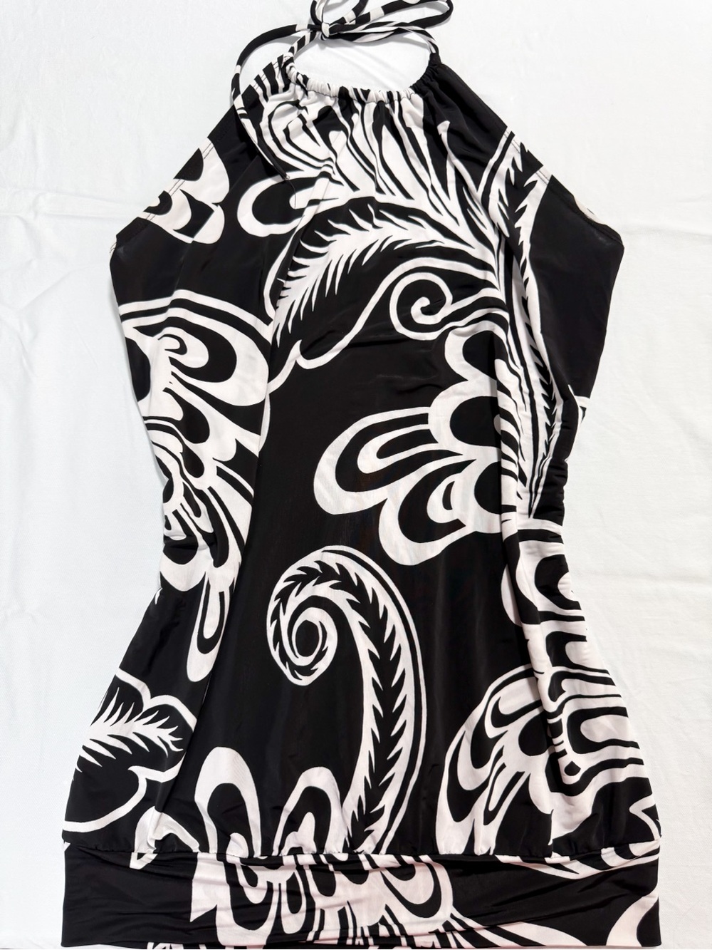 Kiwi Black & White One-Shoulder Dress with Bold Swirl Print